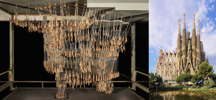 Gaudi’s weight & chain simulation (left) and the final cathedral (right). Source: Sagrada Familia Blog and Wikipedia