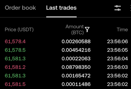 Latest Trades feed on OKX. Note how trades are highlighted green/red for buy/sell, indicating their direction.